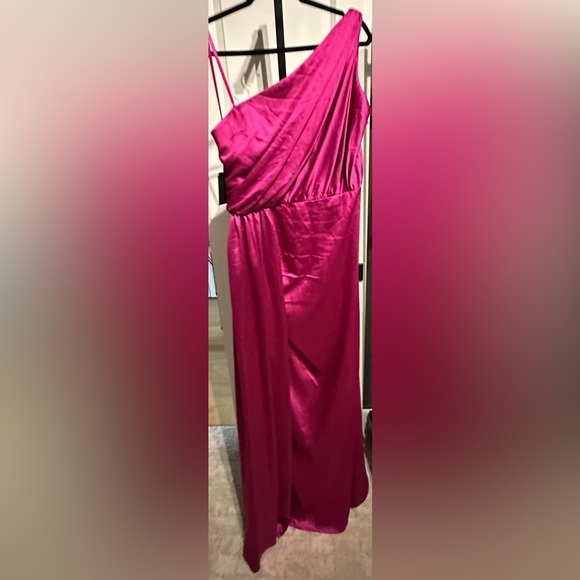 Mac Duggal | Gathered One Shoulder Satin Faux Wrap Gown - Picture 4 of 5